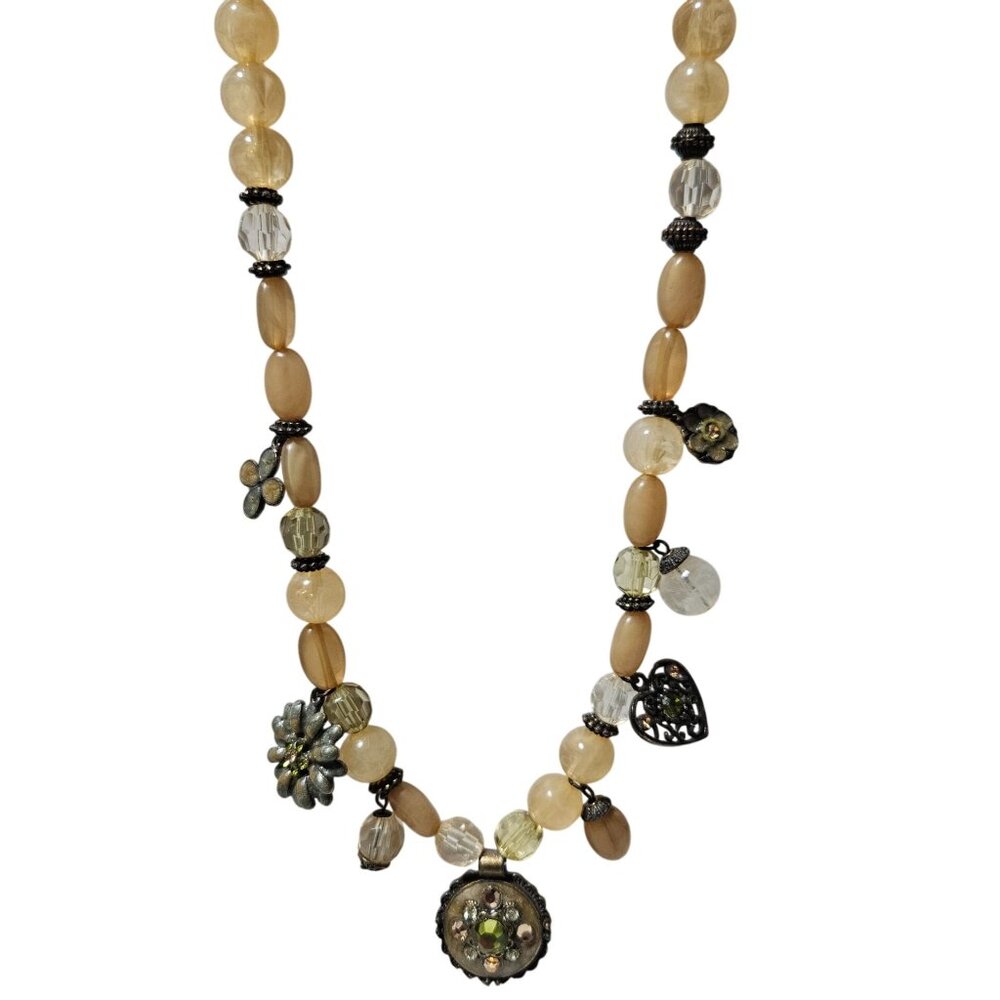 Vintage Yellow Beaded Charm Necklace Green Rhinestone Floral Pendant Jewelry
